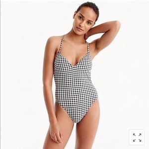 Lace-Up One-Piece Gingham Swimsuit